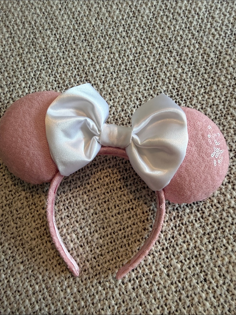 Pink Sequin Minnie Ear Headband with White Satin Bow
